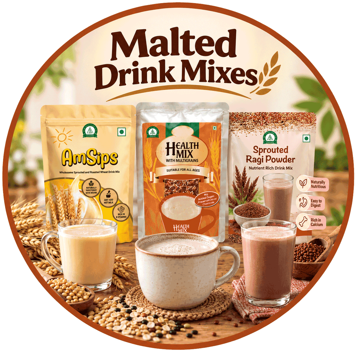 Ammae healthy malted drink mixes made with multigrains, millets and sprouted grains for wholesome everyday nutrition