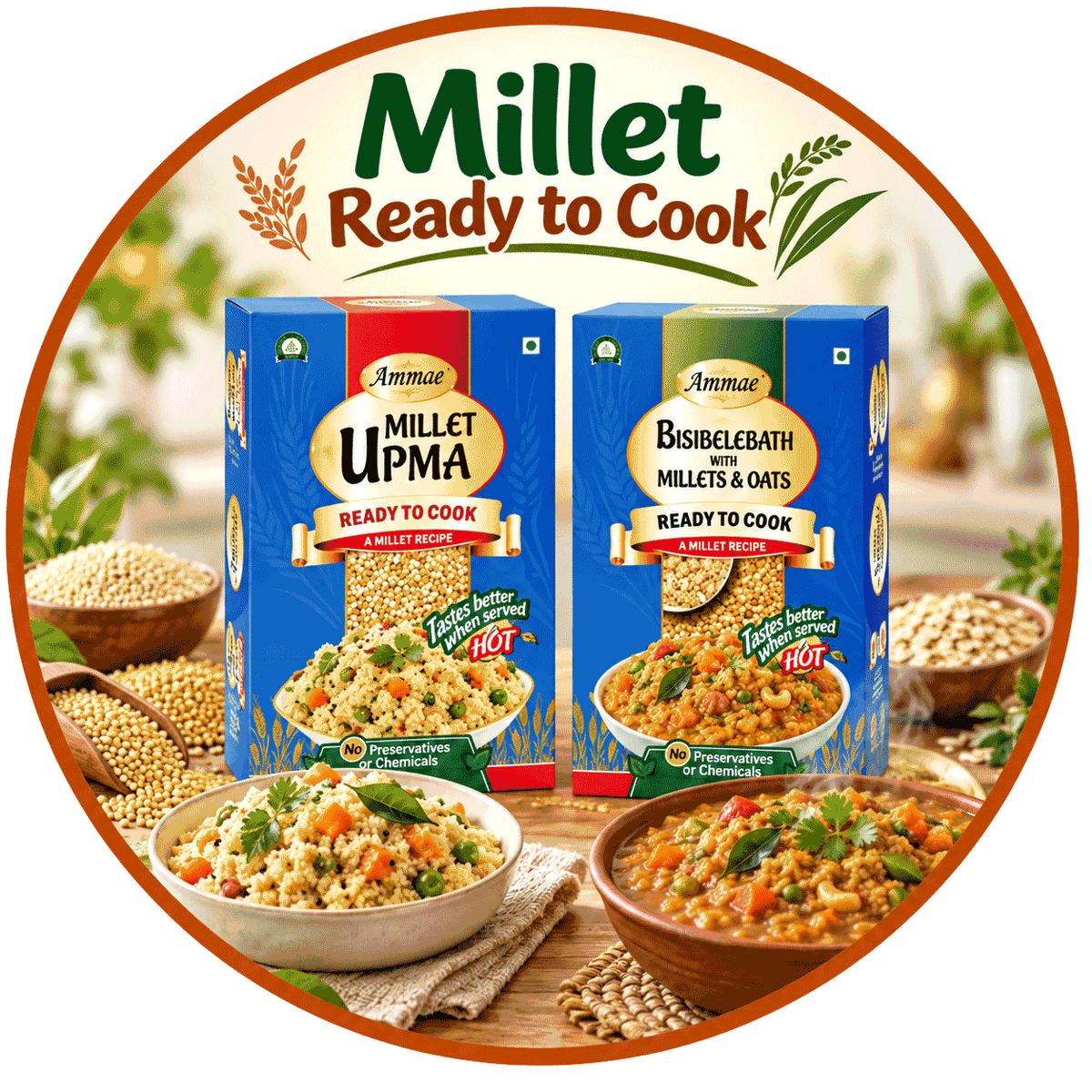 Ammae millet ready-to-cook mixes including upma, pongal and bisibelebath made with wholesome millets