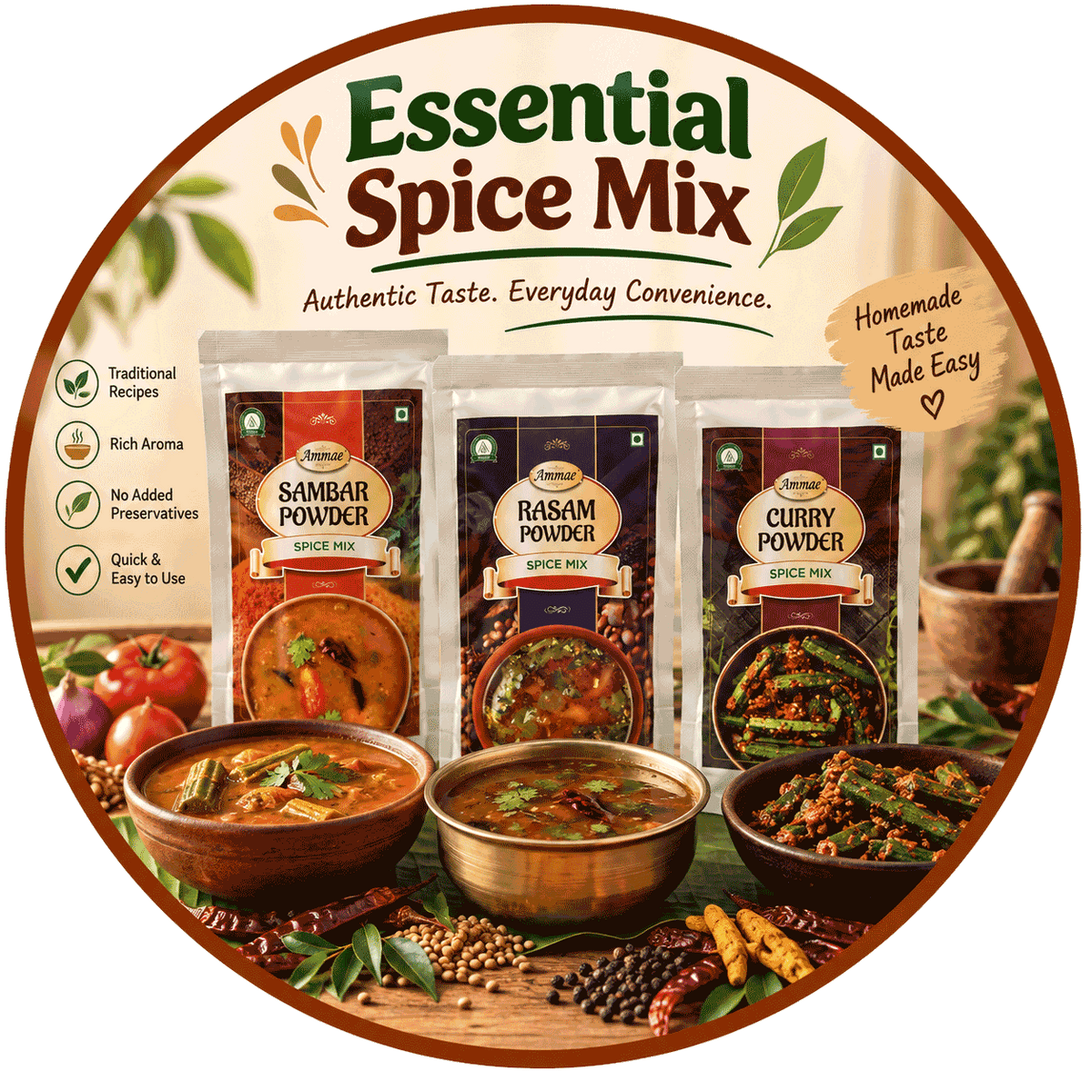 Ammae traditional spice and rice mixes including sambar, rasam, curry, idly kara and rice seasoning blends