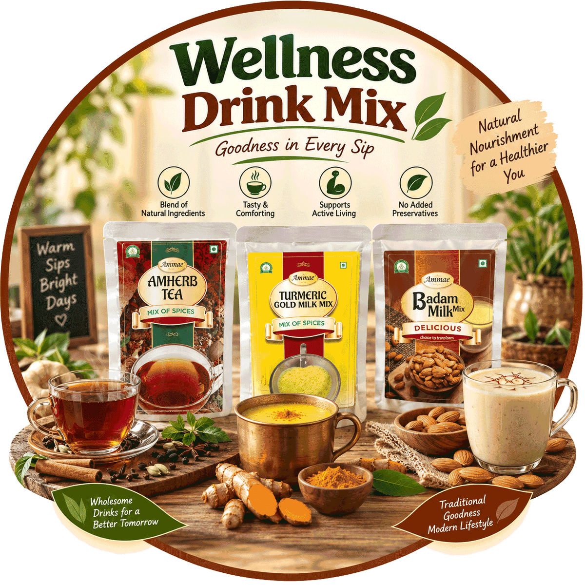 Ammae wellness drink mixes including herbal tea, badam milk mix and turmeric milk mix for everyday enjoyment