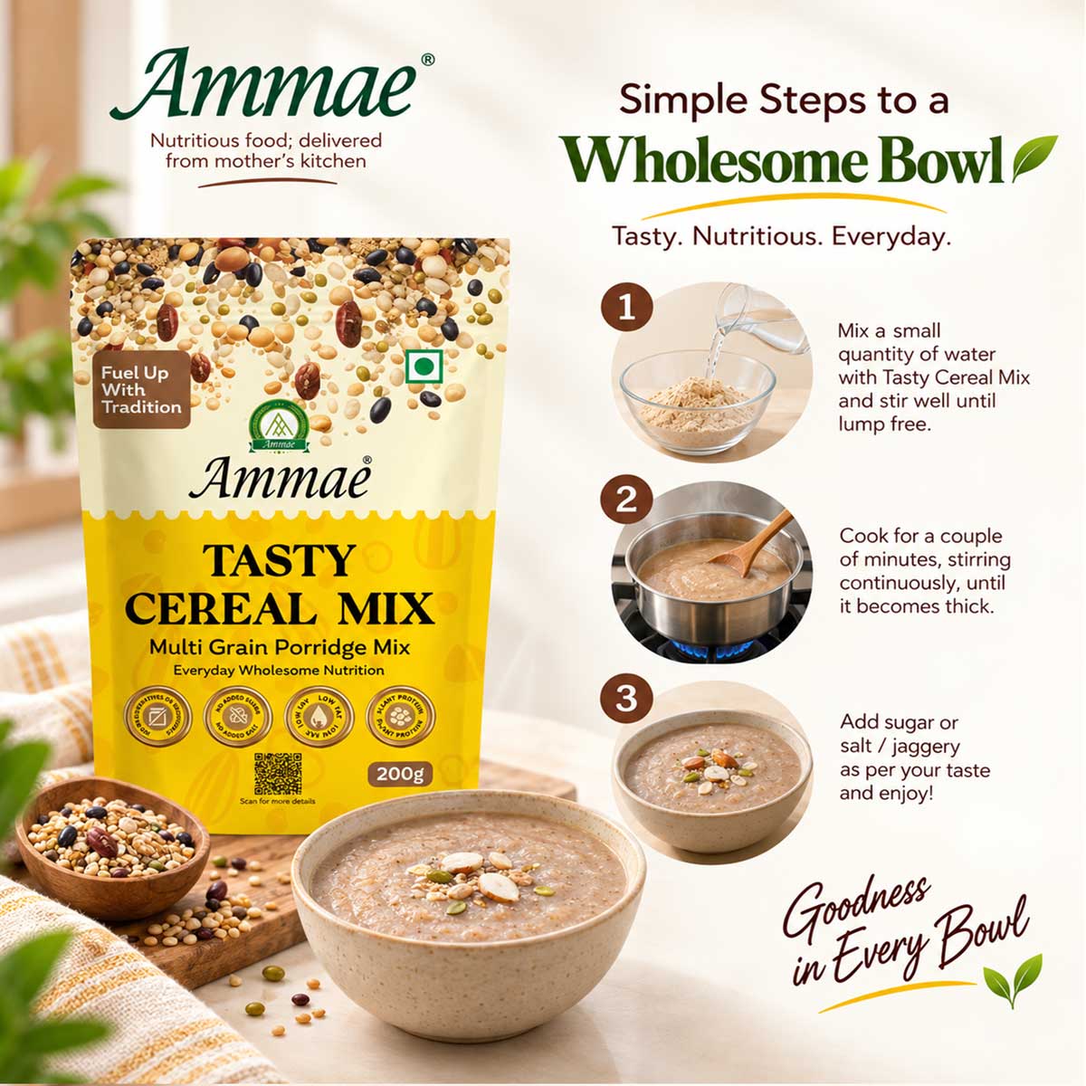 Ammae Multigrain Porridge Mix Powder | Tasty Cereal Mix for adults - Ammae Foods India